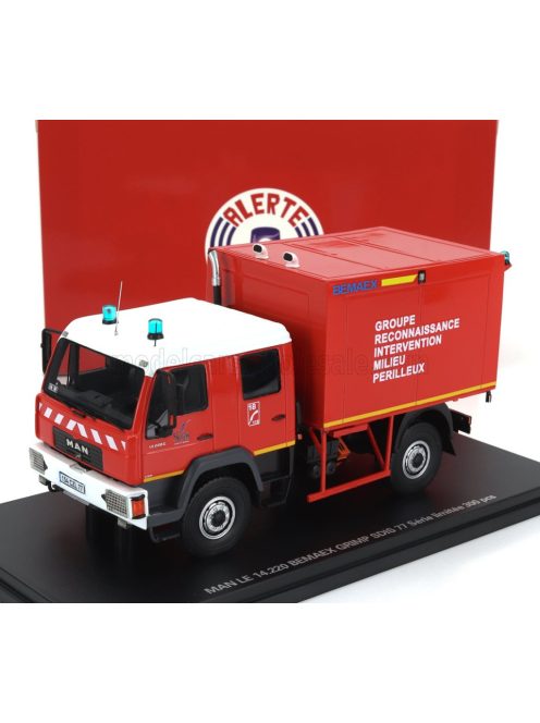 Alerte - MAN LE 14.220 TRUCK DOUBLE CABINE BEMAEX GRIMP SDIS 77 SAPEURS POMPIERS GROUPE RECONNAISSANCE INTERVENTION MILIEU PERILLEUX 2004 RED WHITE YELLOW
