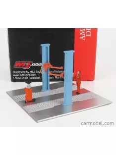   American Diorama - Accessories Set Officina - Ponte Sollevatore Auto - Twin Post Lift - With Oil Drainer And Mechanic Figure Light Blue Orange