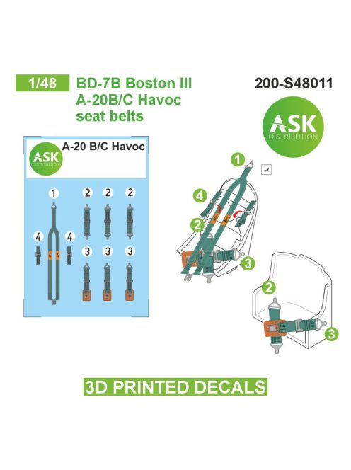 Art Scale - 1/48 BD-7B Boston III / A-20B/C  Havoc seat belts - 3D printed decals by ASK