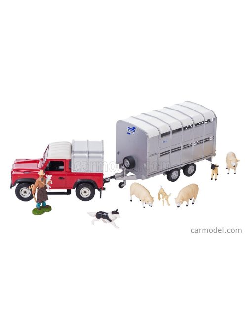 Britains - Land Rover Land Defender 90 Pick-Up Closed 1984 With Livestock Trailer - Trasporto Animali Bestiame Red Silver