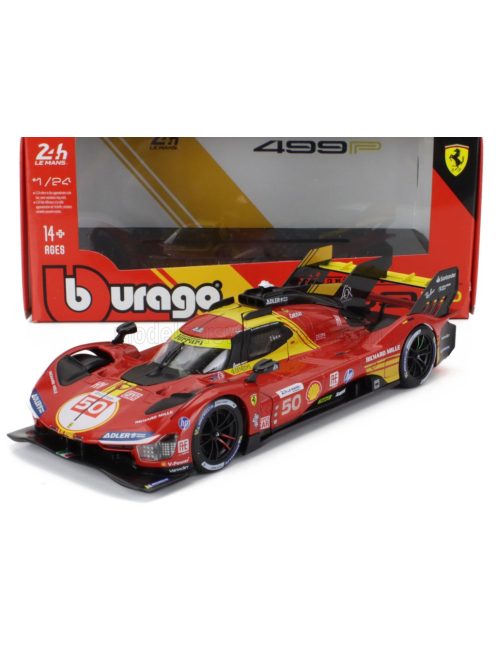 Burago - FERRARI 499P 3.0L TURBO V6 TEAM FERRARI AF CORSE N 50 WINNER 24h LE MANS 2024 ANTONIO FUOCO - MIGUEL MOLINA - NICKLAS NIELSEN RED