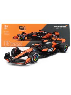   Burago - McLAREN F1  MCL38 TEAM MCLAREN N 81 MIAMI GP 2024 OSCAR PIASTRI - WITH PILOT AND SHOWCASE ORANGE BLACK