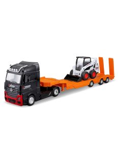   Burago - MERCEDES BENZ ACTROS 2 GIGASPACE TRUCK PIANALE TRASPORTO BOBCAT RUSPA GOMMATA FRONT LOADER SCRAPER 2016 BLACK ORANGE