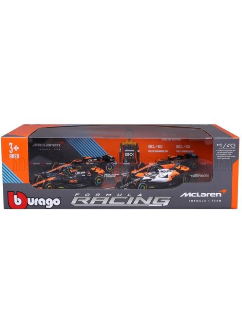 Burago - McLAREN F1  SET 4X - TEAM MCLAREN MCL36 N 4 ABU DHABI GP 2022 - MCL60 N 4 SINGAPORE GP - MONACO GP - BRITISH GP 2023 LANDO NORRIS ORANGE BLACK WHITE