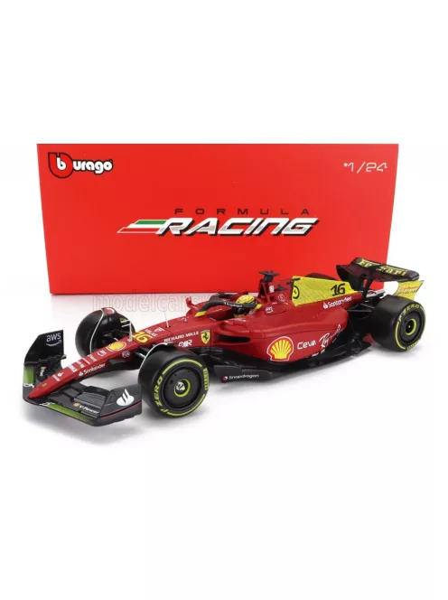 Burago - FERRARI F1-75 SCUDERIA FERRARI N 16 2nd MONZA GP ITALY (POLE POSITION) 2022 CHARLES LECLERC - WITH PILOT AND SHOWCASE - EXCLUSIVE CARMODEL RED YELLOW