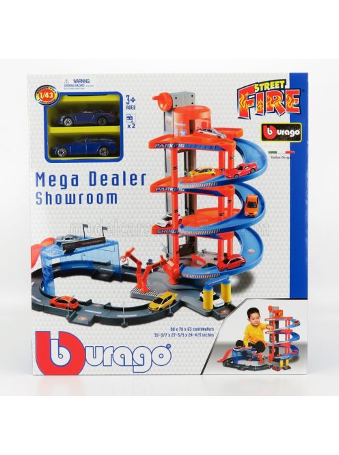 Burago - ACCESSORIES DIORAMA - PARKING - MEGA DEALER SHOWROOM WITH AUDI A6 AVANT 2019 + PORSCHE 911 996 GT3 COUPE 1997 RED BLUE GREY