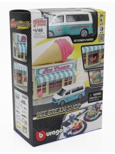   Burago - ACCESSORIES DIORAMA - SET ICE CREAM SHOP WITH VOLKSWAGEN T6 MINIBUS 2018 LIGHT BLUE WHITE
