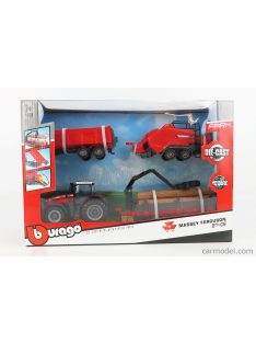   Burago - Massey Ferguson 8740S Tractor With Baler Lifter + Tipping Trailer + Tree Forwarder 2016 Red
