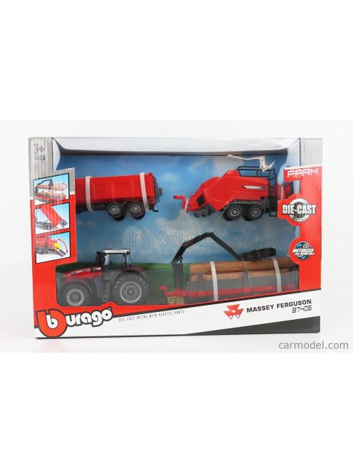 Burago - Massey Ferguson 8740S Tractor With Baler Lifter + Tipping Trailer + Tree Forwarder 2016 Red
