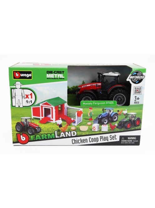 Burago - MASSEY FERGUSON SET FARM CHICKEN COOP PLAY 8740S TRACTOR 2016 RED