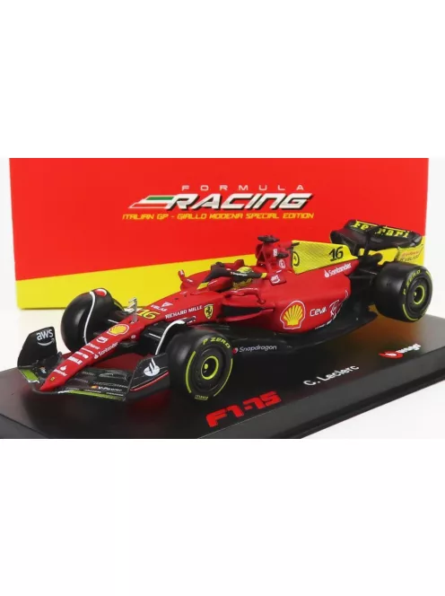 Burago - FERRARIF1-75 SCUDERIA FERRARI N 16 2nd MONZA GP ITALY (POLE POSITION) 2022 CHARLES LECLERCWITH HELMET AND PLASTIC SHOWCASEEXCLUSIVE CARMODELBburago
