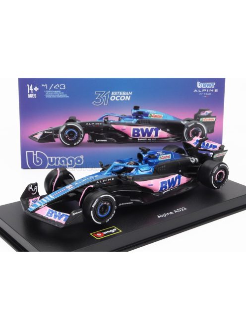 Burago - RENAULT F1  A523 TEAM BWT ALPINE F1 N 31 SEASON 2023 ESTEBAN OCON - CON PILOTA E VETRINA - WITH PILOT AND SHOWCASE BLUE BLACK PINK