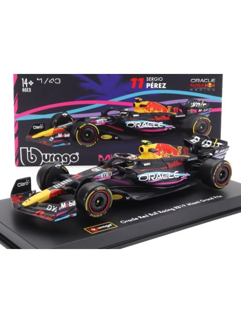 Burago - RED BULL F1  RB19 TEAM ORACLE RED BULL RACING N 11 2nd MIAMI GP 2023 SERGIO PEREZ - WITH HELMET AND PLASTIC SHOWCASE MATT BLUE