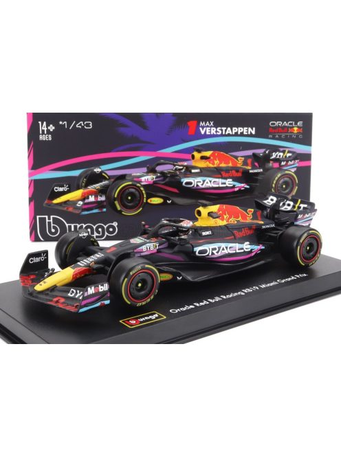 Burago - RED BULL F1  RB19 TEAM ORACLE RED BULL RACING N 1 F1  RB19 TEAM ORACLE RED BULL RACING N 1 WORLD CHAMPION WINNER MIAMI GP 2023 MAX VERSTAPPEN - WITH HELMET AND PLASTIC SHOWCASE MATT BLUE