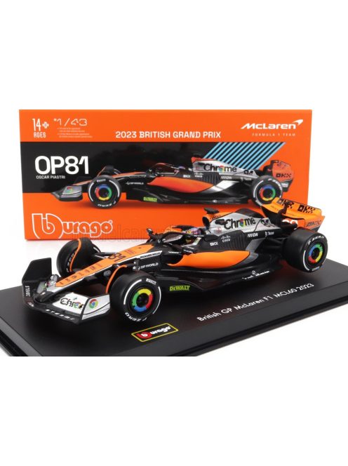 Burago - McLAREN F1  MCL60 TEAM McLAREN N 81 4th BRITISH GP 2023 OSCAR PIASTRI - CON PILOTA E VETRINA - WITH PILOT AND SHOWCASE ORANGE BLACK CHROME