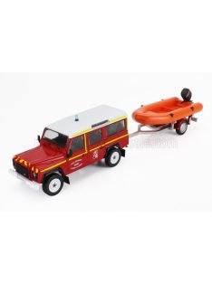   Edicola - LAND ROVER DEFENDER 130 PICK-UP CLOSED SERVICE DEPARTEMENTAL INDRE D'INCENDIE ET DE SECOURS FIRE ENGINE WITH MOTORBOAT 1986 RED WHITE ORANGE