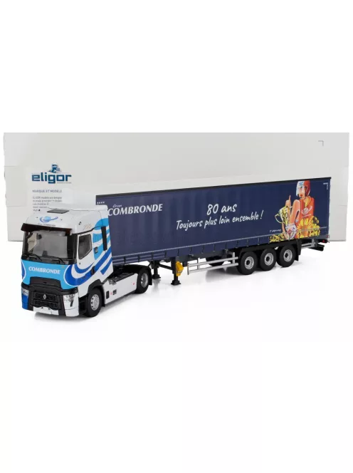 Eligor - RENAULT T-HIGH TRUCK TELONATO COMBRONDE TRANSPORTS 2025 - 80 ANS TOUJOURS PLUS LOIN ENSEMBLE WHITE BLUE