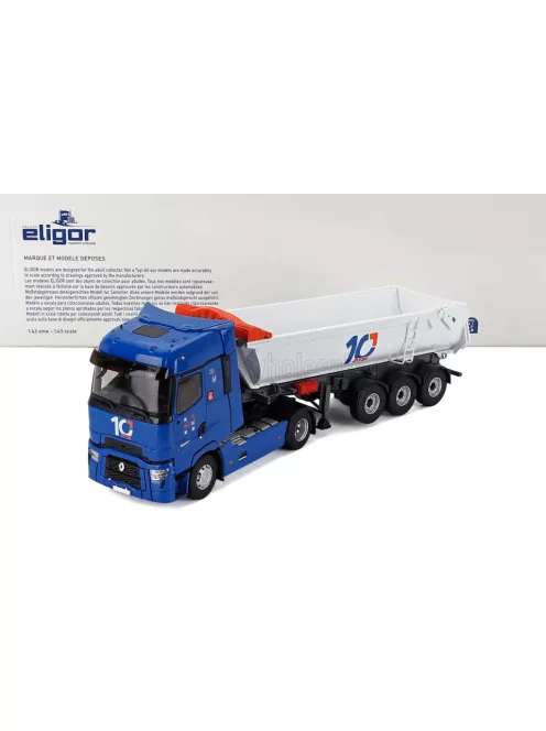 Eligor - RENAULT T-LINE HIGH TRUCK CASSONE RIBALTABILE DTM TRANSPORTS 2021 BLUE WHITE