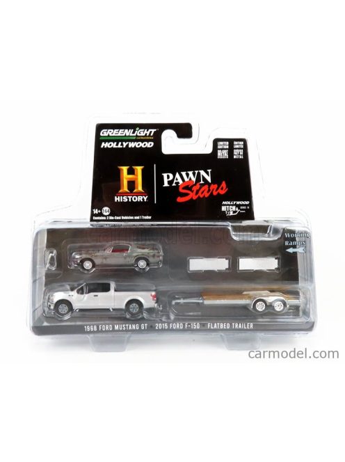 Greenlight - Ford Usa F-150 Pick-Up 2015 With Trailer + Ford Usa Shelby Mustang Cabriolet 1968 - Pawn Stars Silver Grey