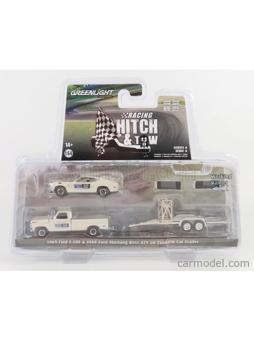 Greenlight - Ford Usa F-100 Pick-Up 1969 With Trailer + Mustang Boss 429 Coupe Race Version 1969 White