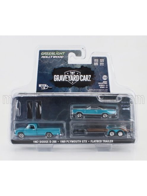 Greenlight - DODGE D-200 PICK-UP 1967 WITH TRAILER + GTX COUPE 1969 - GRAVEYARD CARZ BLUE MET