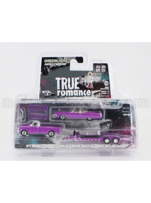 Greenlight - CHEVROLET C-30 PICK-UP 1972 WITH TRAILER + CADILLAC ELDORADO CABRIOLET OPEN 1974 - TRUE ROMANCE LILLAC