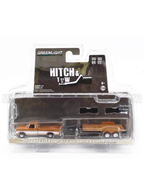 Greenlight - FORD USA F-150 PICK-UP RANGER XLT WITH TRAILER CAR TRANSPORTER 1976 YELLOW WHITE