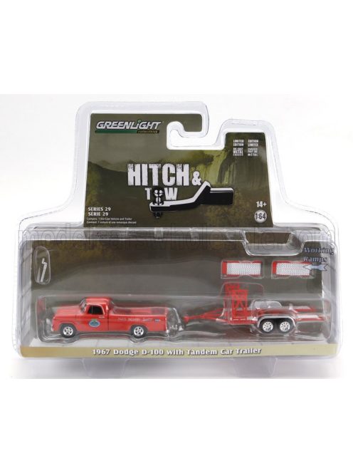 Greenlight - DODGE D-100 PICK-UP 1967 WITH TRAILER CAR TRANSPORTER ORANGE