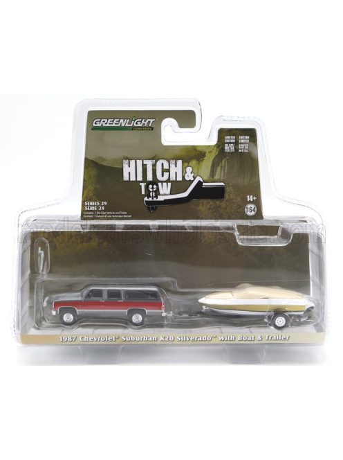 Greenlight - CHEVROLET SILVERADO K20 SUBURBAN PICK-UP 1987 WITH BOAT AND TRAILER RED WHITE GOLD