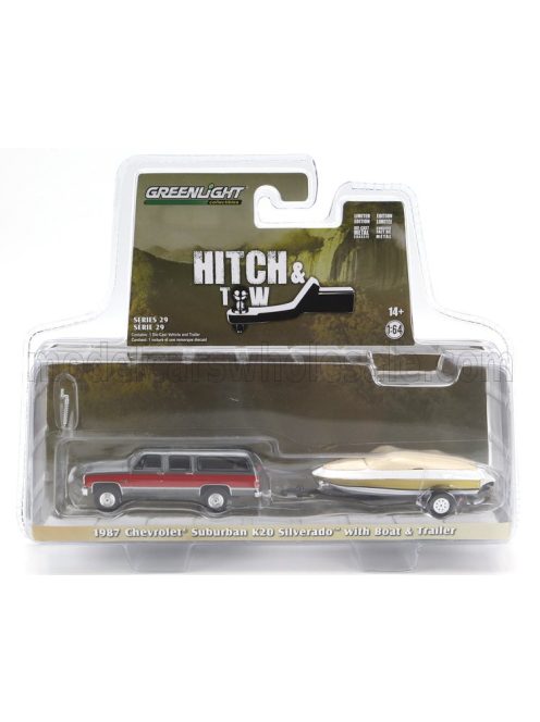 Greenlight - CHEVROLET SILVERADO K20 SUBURBAN PICK-UP 1987 WITH BOAT AND TRAILER RED WHITE GOLD