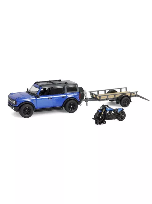 Greenlight - 1:64 2021 Ford Bronco Black Diamond - Velocity Blue Metallic with Utility Trailer and Motorcycle Solid Pack - Hitch & Tow Series 32 - GreenLight