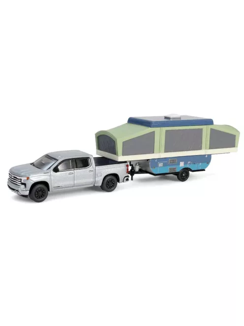 Greenlight - 1:64 2024 Chevrolet Silverado High Country - Sterling Gray Metallic with Pop-Up Camper Solid Pack - Hitch & Tow Series 32 - GreenLight