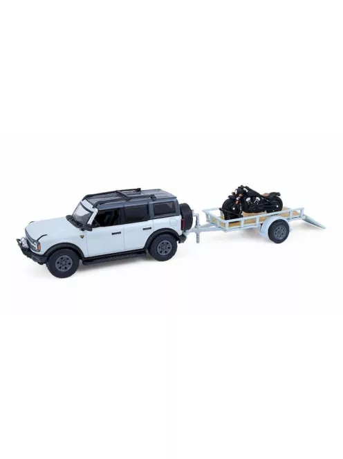 Greenlight - 1:64 2021 Ford Bronco 4-Door Badlands in Cactus Grey with Utility Trailer and Motorcycle - Hitch & Tow Series 33 - GreenLight