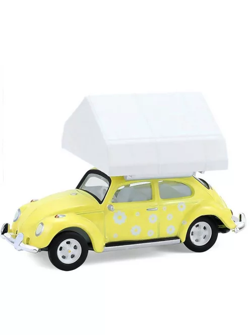 Greenlight - 1:64 Classic Volkswagen Beetle - Yellow Flower Power with Camp'otel Cartop Sleeper Tent - The Great Outdoors Series 4