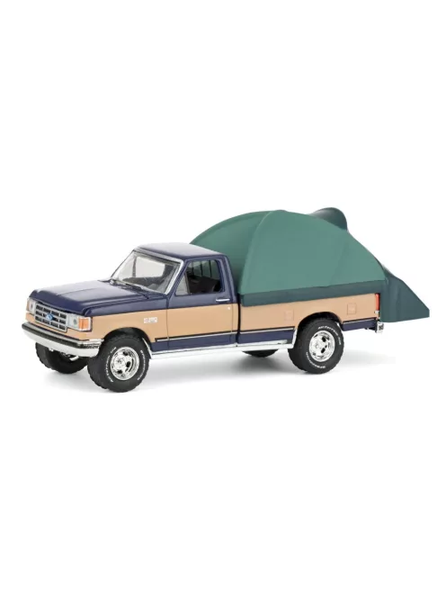 Greenlight - 1:64 1987 Ford F-150 XLT Lariat - Dark Blue and Tan with Modern Truck Bed Tent - The Great Outdoors Series 4