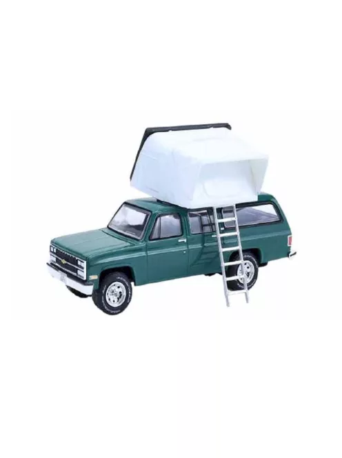 Greenlight - 1:64 1990 Chevrolet Suburban - Green with Modern Rooftop Camper  - The Great Outdoors Series 4