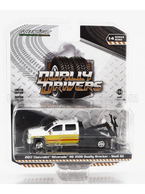 Greenlight - CHEVROLET SILVERADO 3500HD PICK-UP WRECKER CARRO ATTREZZI - WRECKER ROAD SERVICE SHELL OIL 2017 WHITE YELLOW BLACK