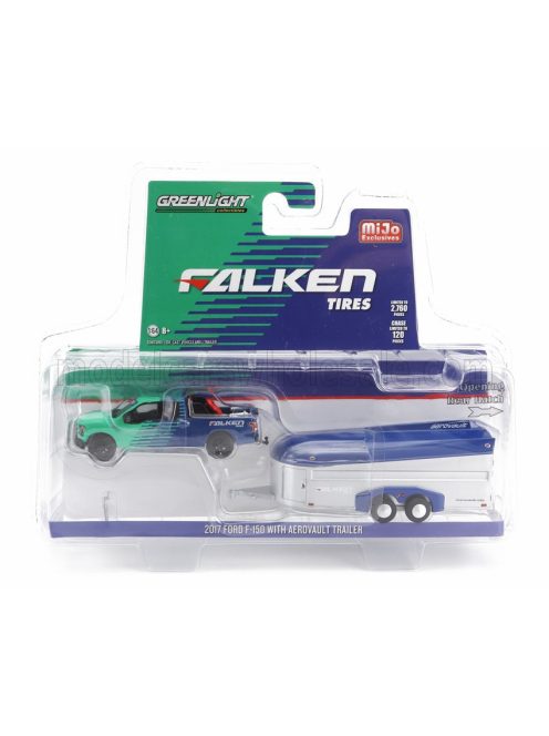 Greenlight - FORD USA F-150 PICK-UP WITH AEROVAULT TRAILER FALKEN TIRES 2017 GREEN BLUE