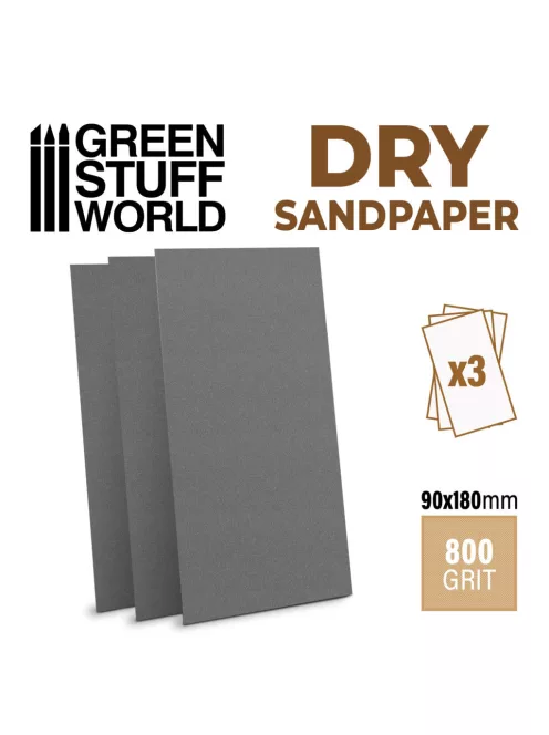 Green Stuff World - DRY SandPaper 180x90mm - DRY 800 grit - PACK x3