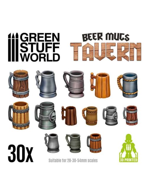 Green Stuff World - 3D Printed set - Beer Mugs - Tavern - 30 pcs