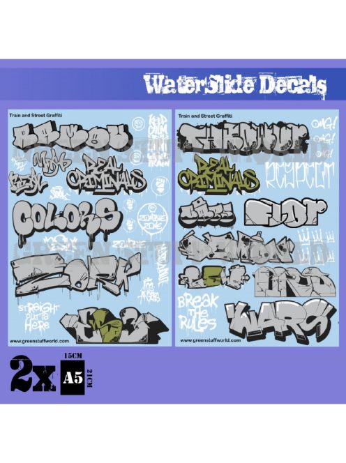 Green Stuff World - Waterslide Decals - Train And Graffiti Mix - Silver And Gold