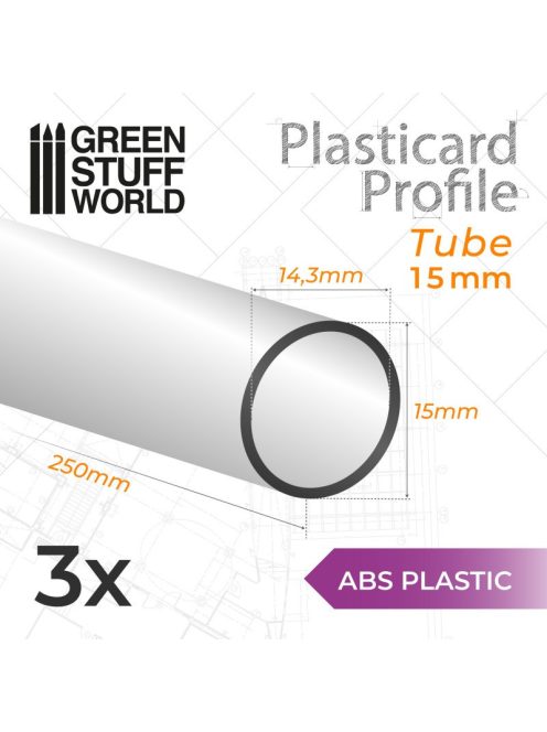 Green Stuff World - ABS Plasticard - Profile TUBE 15mm PIPELINE