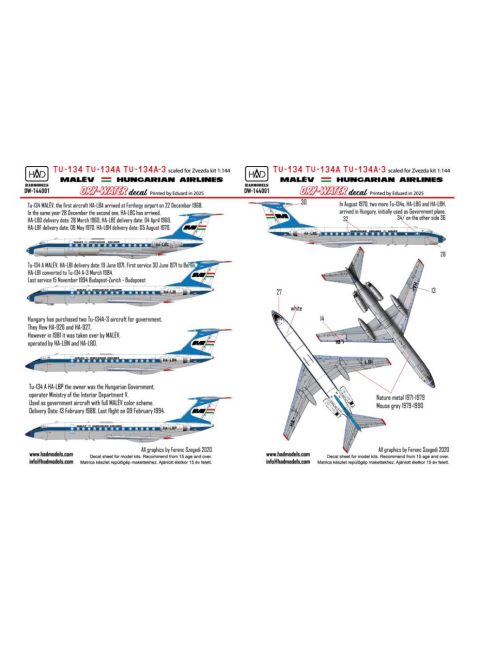 HAD models - Tu-134 Tu-134 A Tu-134 - A-3 MALĂ‰V 70Â'-80Â' years DRY-WATER decal sheet 1:144