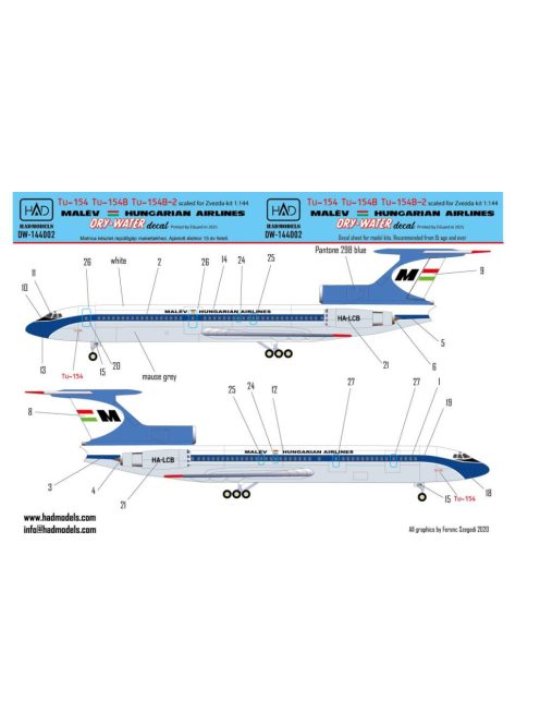 HAD models - Tu-154 B Tu-154B-1 70Â's-80Â's Years MALĂ‰V DRY-WATER decal sheet 1:144