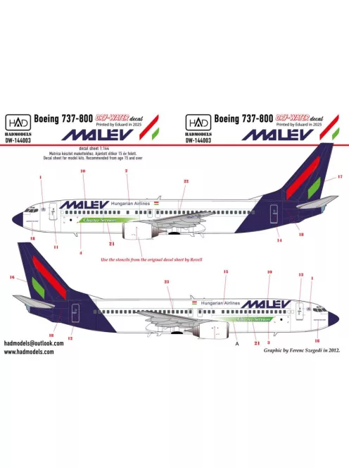 HAD models - Boeing 737 800 MALÉV decal sheet 1:144