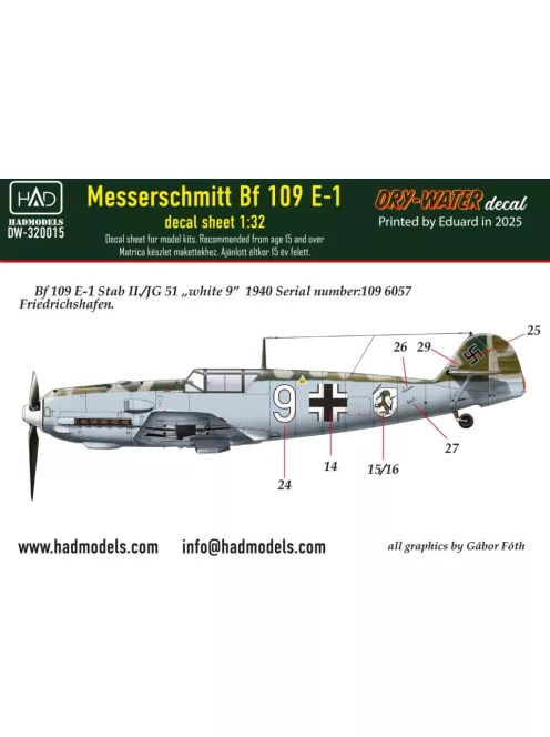 HAD models - Messerschmitt BF 109 E-1 (White 9) decal sheet 1:32