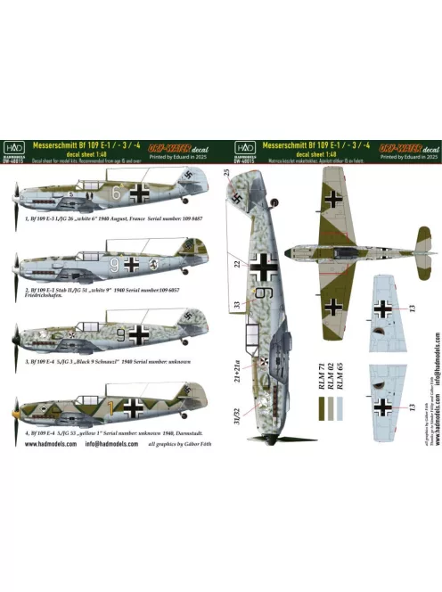 HAD models - Messerschmitt Bf 109 E-1; E-2;E-3 decal sheet 1:48
