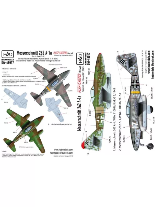 HAD models - Messerschmitt Me 262 A-1 (Luftwaffe black ”L”, white 17) decal sheet 1:48