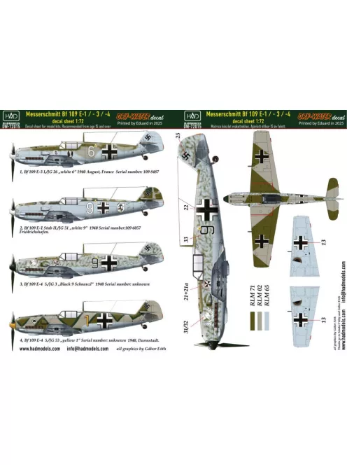 HAD models - Messerschmitt Bf 109 E-1; E-2;E-3 decal sheet 1:72