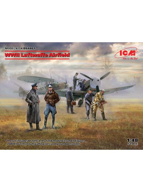 ICM - WWII Luftwaffe Airfield (Messerschmitt Bf 109F-4, Hs 126 B-1, German Luftwaffe Pilots and Ground Personnel (7 figures))